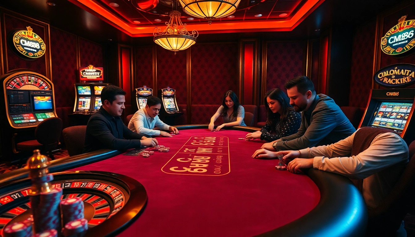 Players strategizing at a CM88 poker table in a luxurious casino setting.