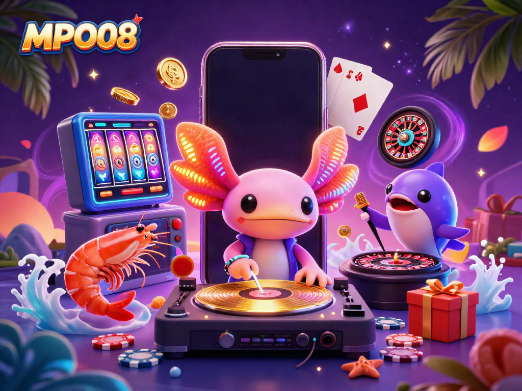 Experience MPO08 gaming with vibrant axolotl DJ and glowing shrimp at a lively underwater party