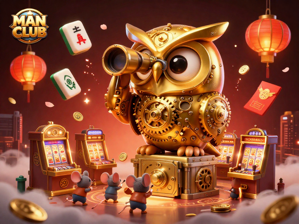 MAN CLUB features 3D clockwork golden owl scanning a lively casino scene filled with vibrant gaming elements.