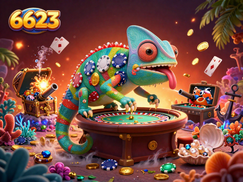 Experience the thrilling world of 6623 as the chameleon casino owner snaps golden coins amidst an exciting casino adventure.