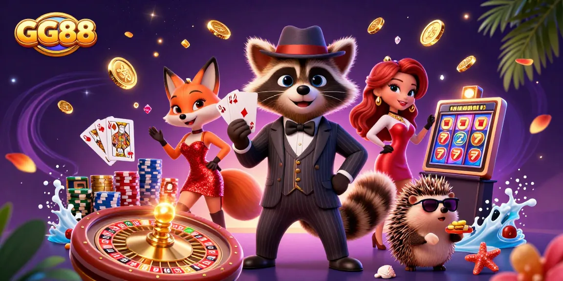 Engage in GG88's thrilling online gaming experience with a suave raccoon holding a royal flush amidst dazzling casino elements.