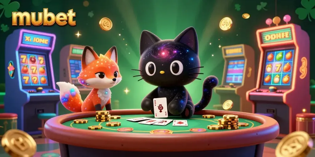 Mubet's exciting cosmic casino scene featuring a black hole cat and a nebula fox, drawing in golden chips and cards.