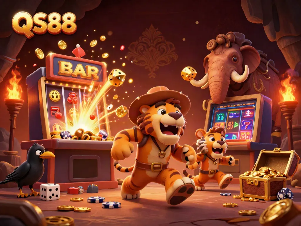Experience the excitement at QS88 with a dynamic scene featuring a caveman and sabertooth duo running a prehistoric casino.