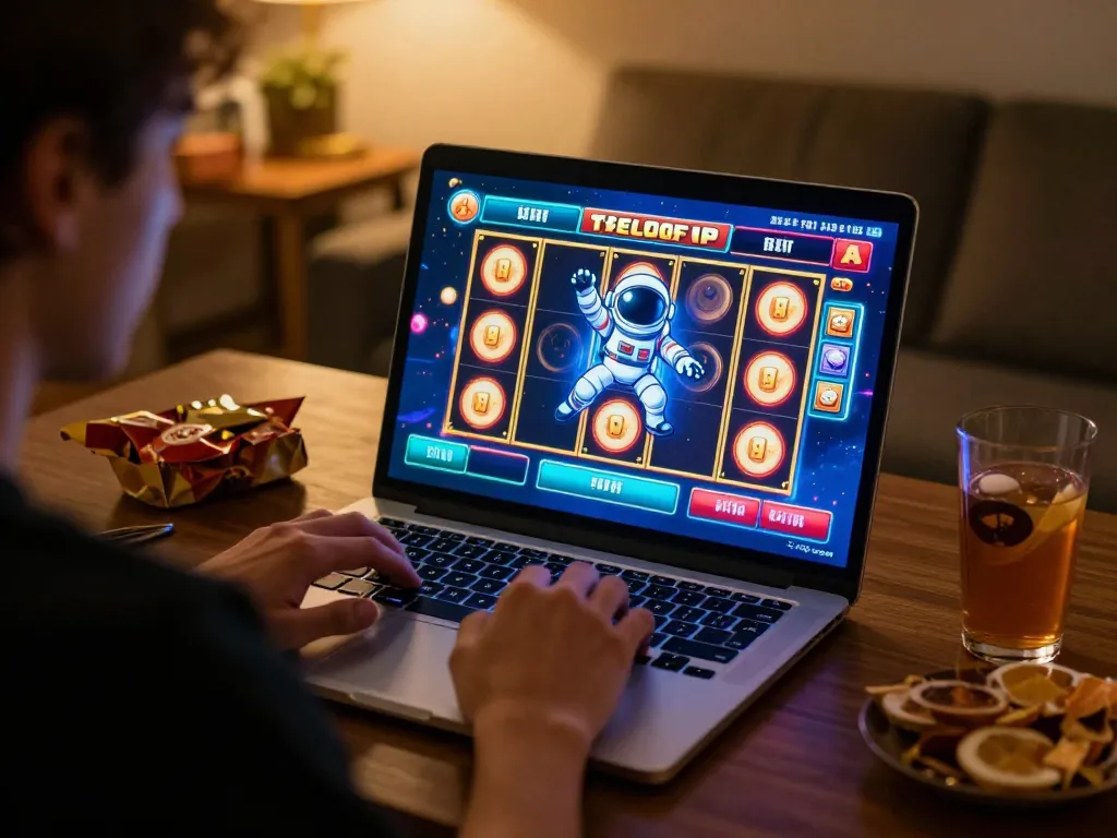 Engaging in the spaceman slot game on a laptop while enjoying a cozy evening at home, highlighting the excitement of online gaming.