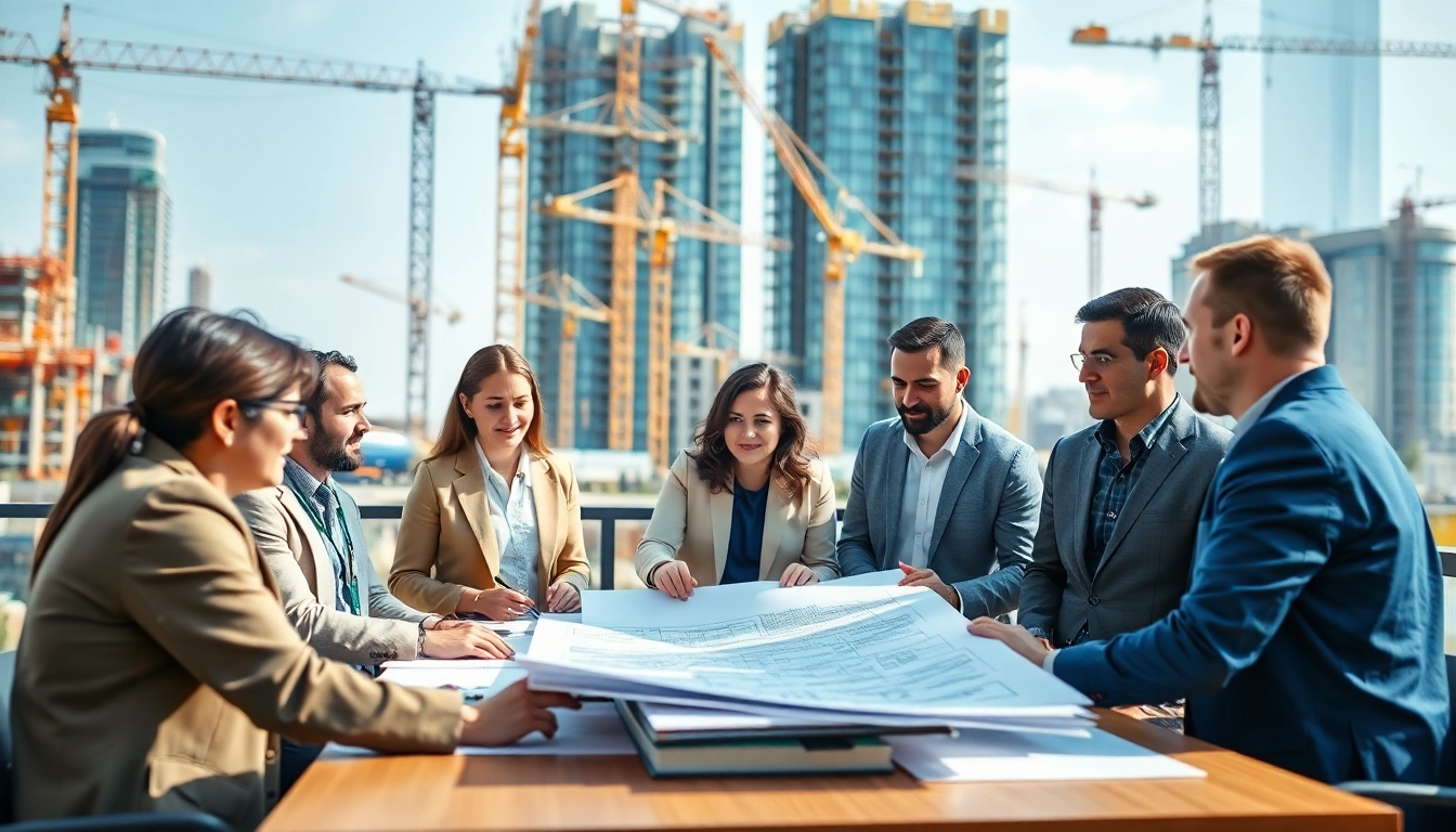 Construction advocacy professionals discussing plans amidst a vibrant cityscape.