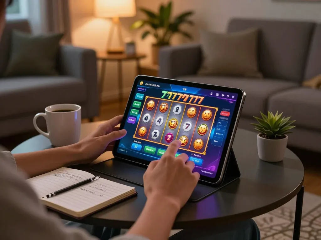 Playing slot777 on a tablet in a cozy living room, showcasing a relaxing gaming experience and strategic note-taking.