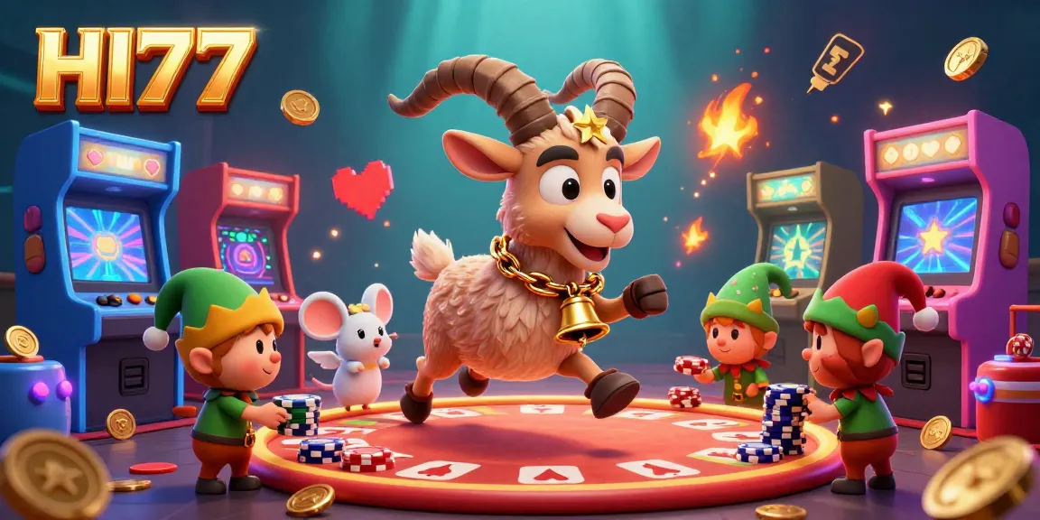 Experience the HI77 casino with a 3D Krampus goat running a festive gaming scene filled with fun elements and excitement.