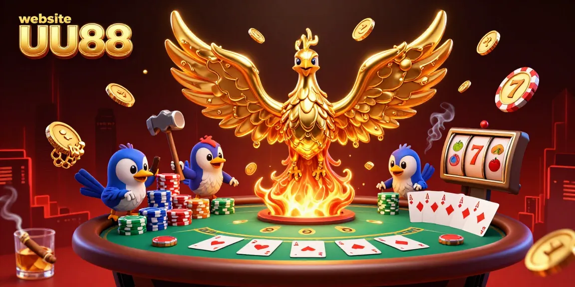 Engage with thrilling gameplay at website UU88 with a dynamic scene showcasing a golden phoenix, poker chips, and vibrant casino elements.