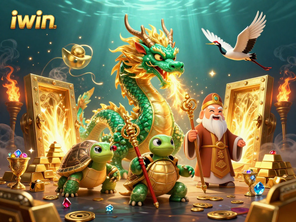 iwin showcases an emerald jade dragon and lucky cranes celebrating wealth in a vibrant casino scene.