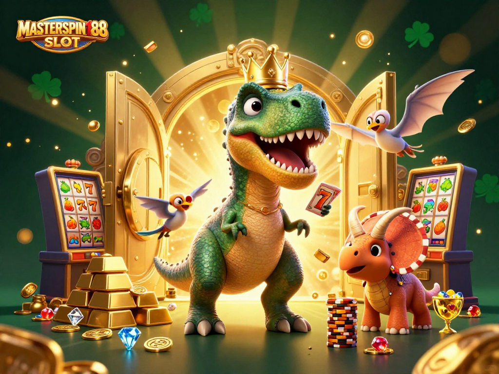 Experience the excitement of MASTERSPIN188 SLOT with vibrant slot reels and dynamic casino characters.