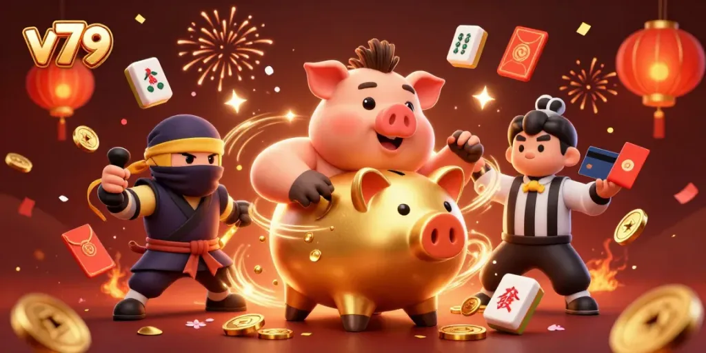 Experience the thrill of gaming with v79, showcased in a dynamic casino scene with vibrant characters and festive decorations.