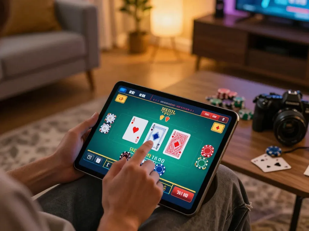 Player engaging in blackjack game on bj88bj platform using tablet, with cards and chips displayed clearly