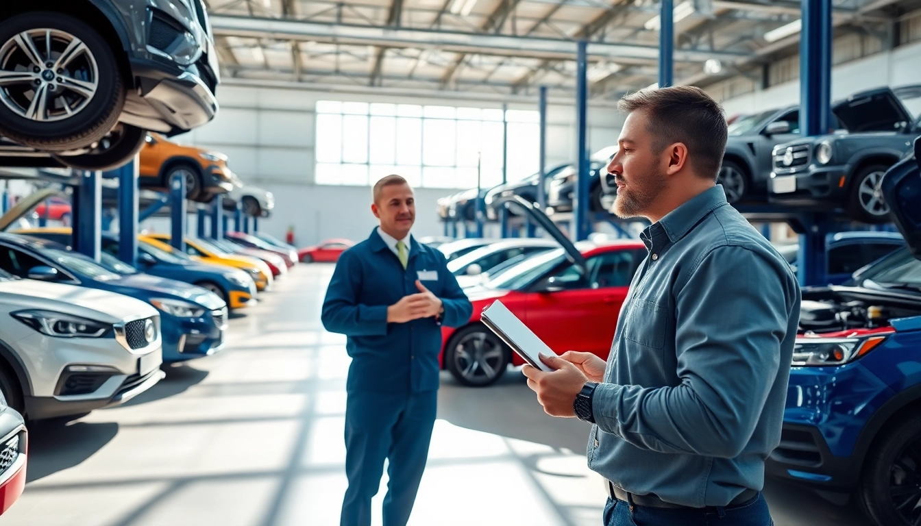 Vehicle service contract provider discussing options with a customer in a modern workshop.