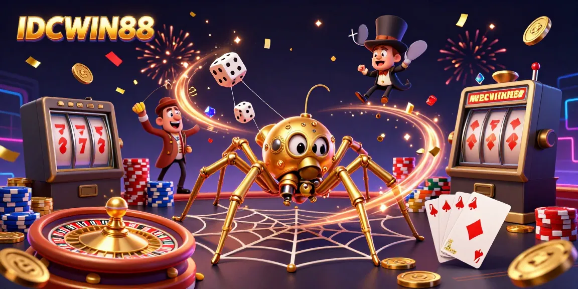 Experience winning moments at IDCWIN88 as golden coins and gems cascade in a vibrant casino scene.