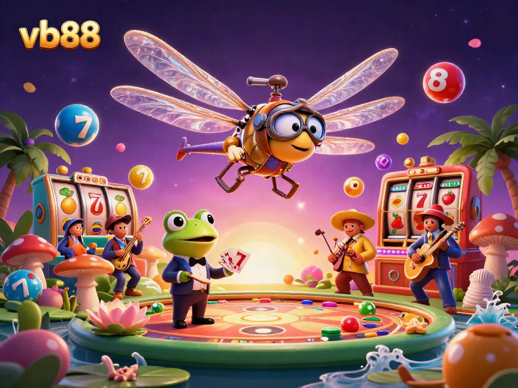 Win big at vb88 with a dragonfly pilot, frog dealer, and vibrant slots in a lively casino scene.
