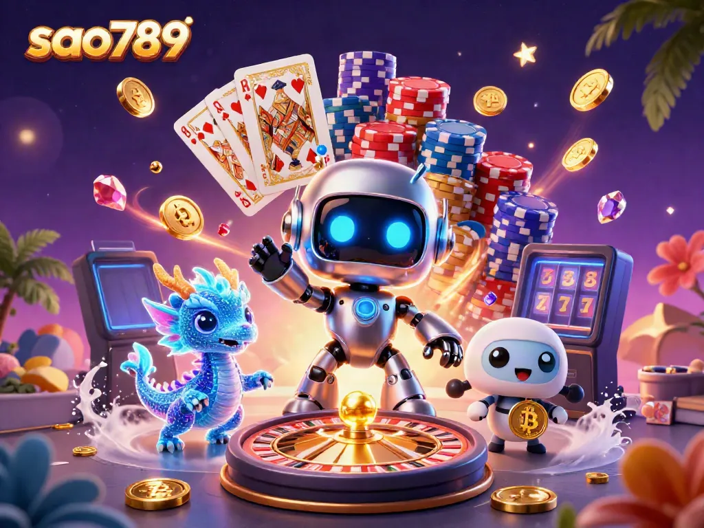 Sao789 highlights thrilling casino adventures with a cyberpunk mascot, dynamic gaming elements, and vivid illustrations.