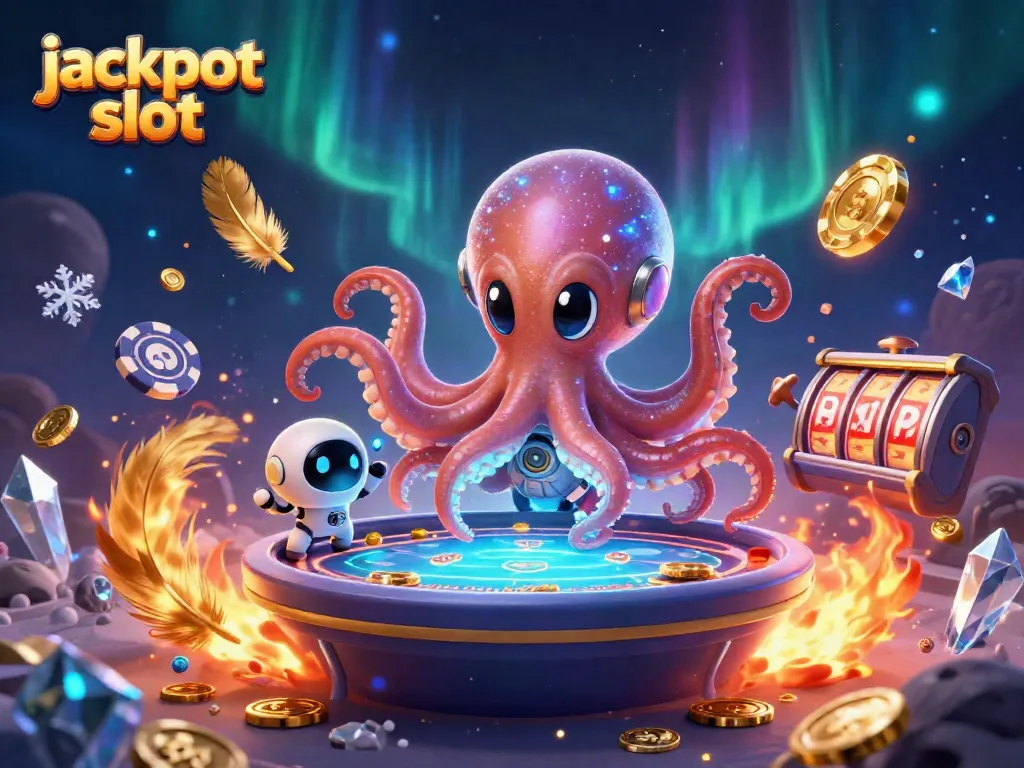 Experience jackpot slot excitement with a cosmic octopus and robot amidst spinning reels and glittering tokens.