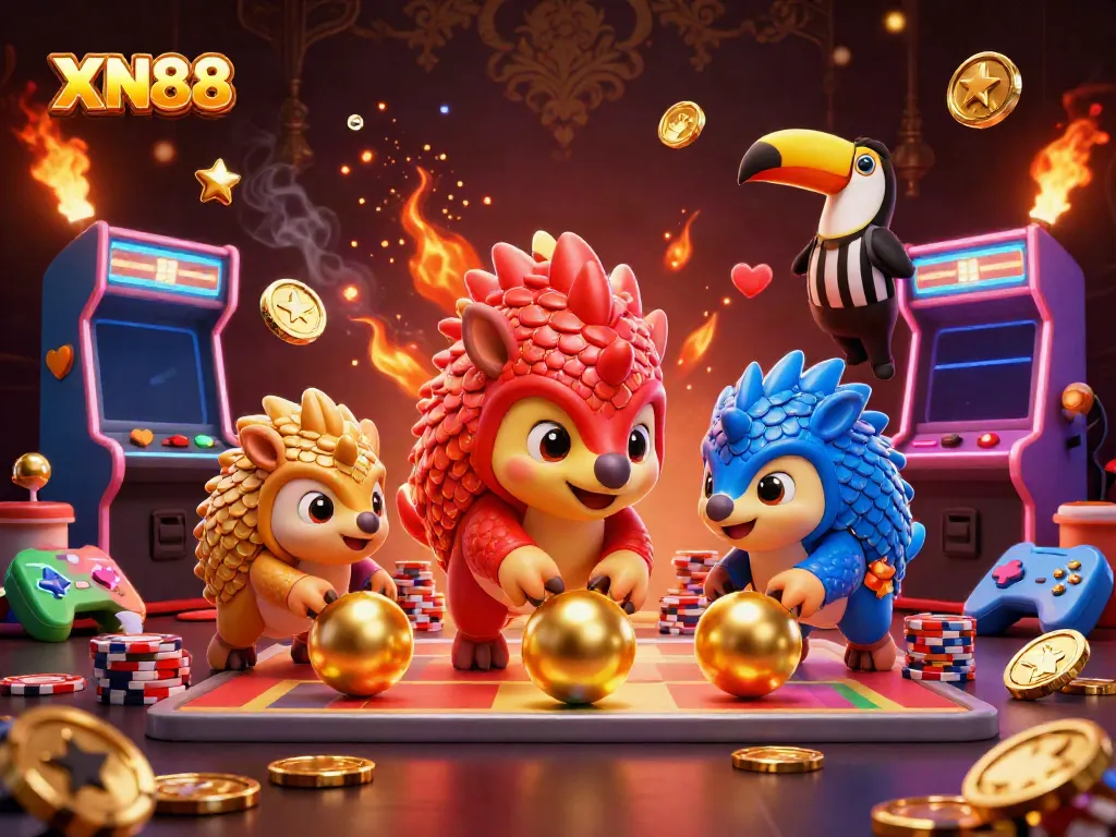 Experience exciting gameplay at XN88 with rival pangolins and vibrant casino elements.