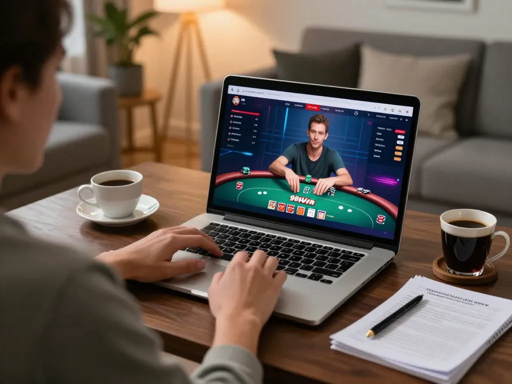 Player enjoying an online poker game on 98win with a cozy atmosphere and strategic notes.