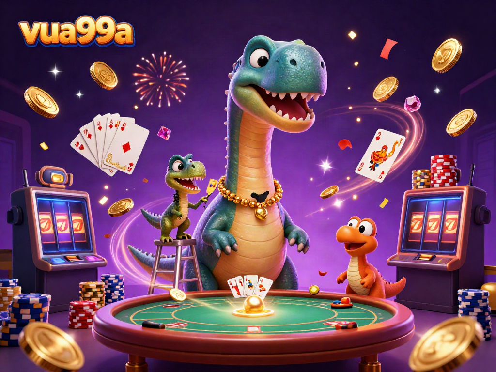 Experience the vibrant energy of vua99a with a fun 3D casino illustration featuring dynamic gambling elements.