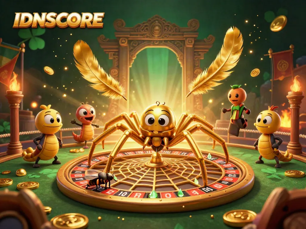 Engaging IDNSCORE scene with golden spider and centipede croupier at a roulette web, highlighting thrilling gaming excitement