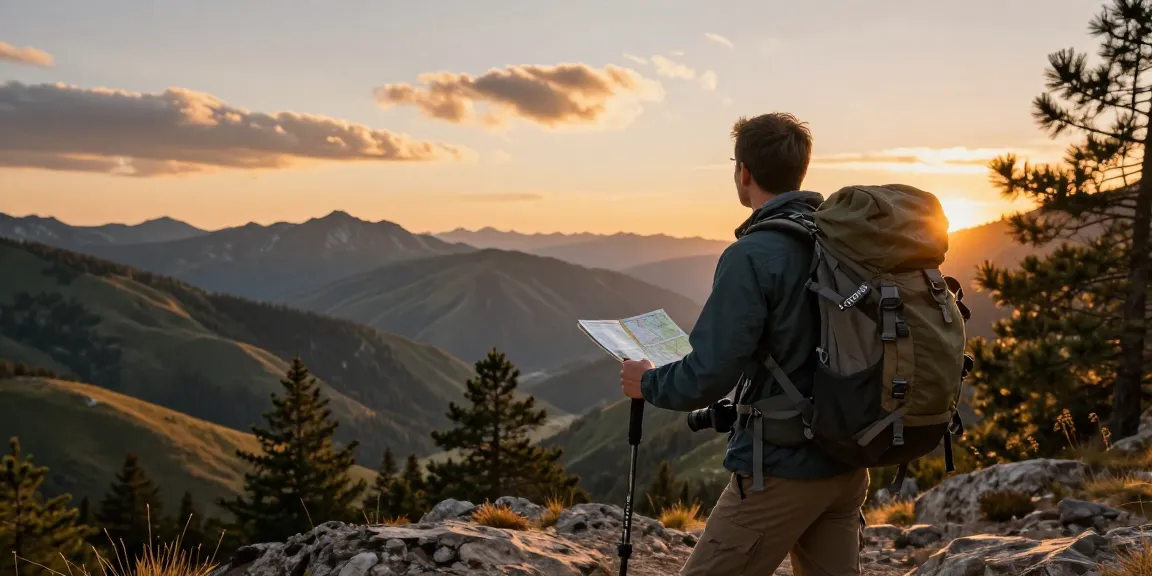 A traveler at https://rokok88.org enjoying a sunset view atop a mountain, showcasing outdoor adventure gear and a sense of exploration.