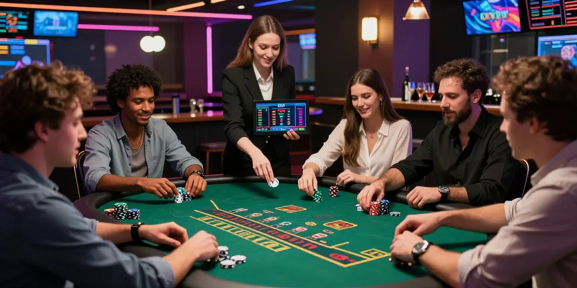 KO66 online casino lively gaming scene with players enjoying blackjack and vibrant atmosphere
