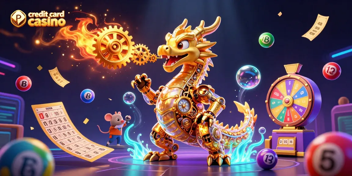Experience thrilling action at a credit card casino featuring vibrant game elements and a 3D dragon.