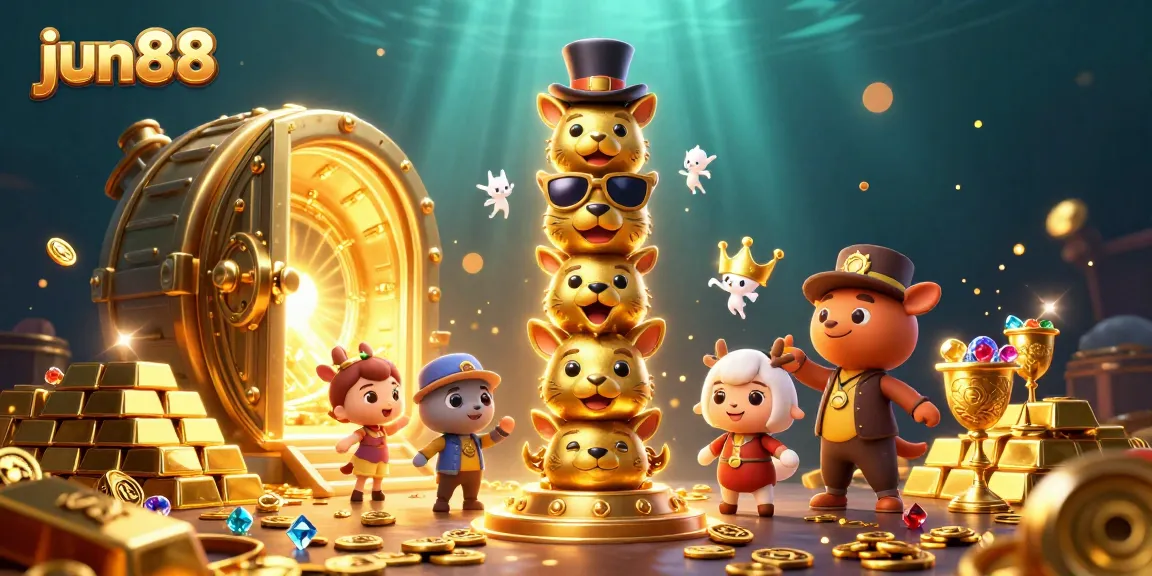 Win big at jun88 with vibrant 3D casino illustration showcasing animated characters and rich treasures.