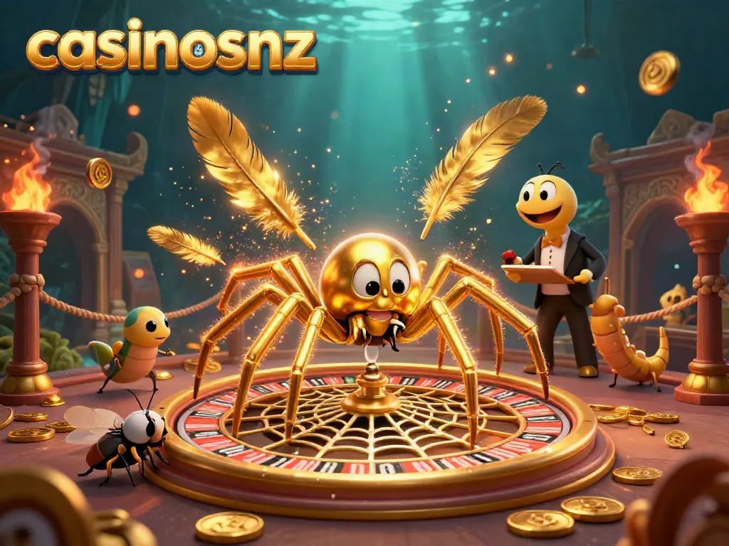 Engage with casinosnz at this vibrant scene of a golden spider and a centipede croupier.