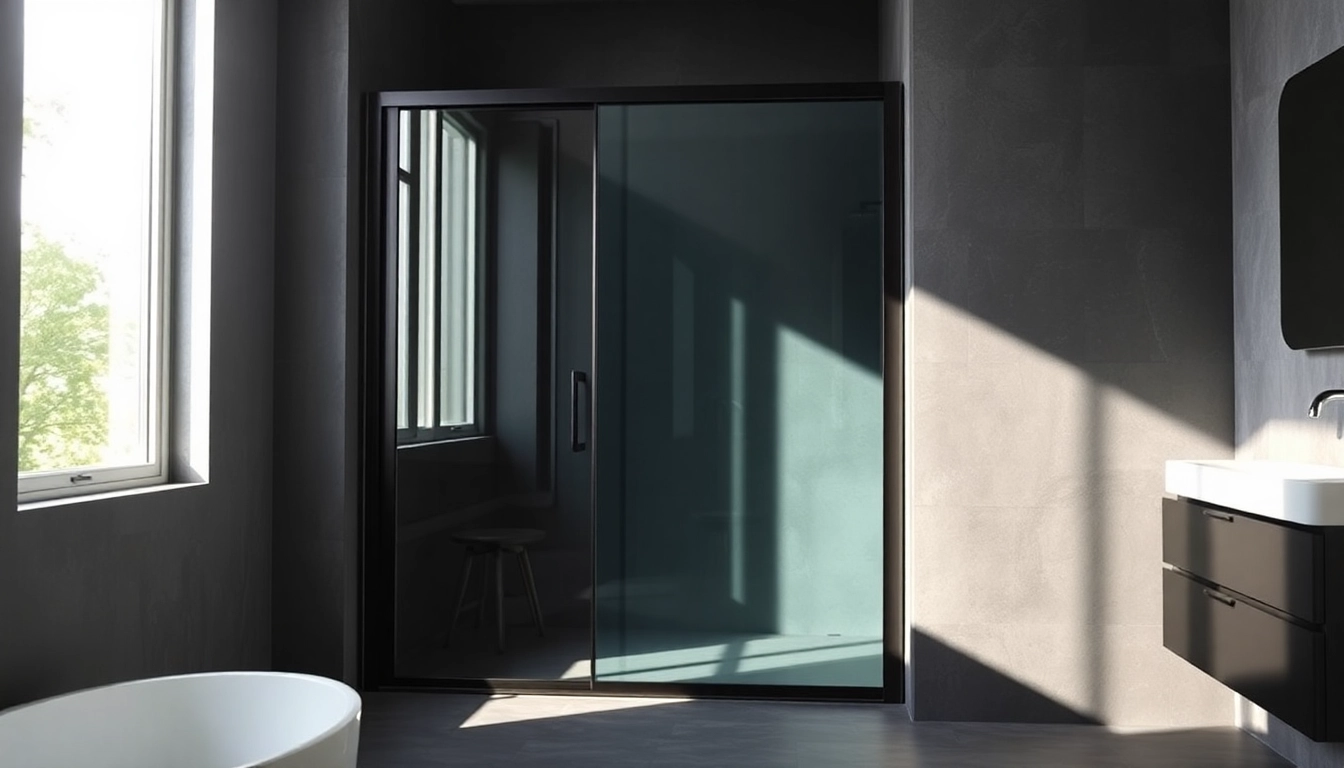 View of a stylish black shower sliding door enhancing a modern bathroom design.