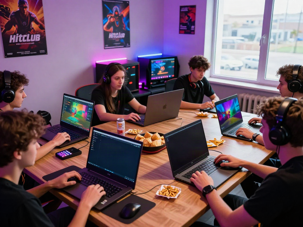 Players enjoying the game Hitclub in a lively gaming room with snacks and colorful screens.
