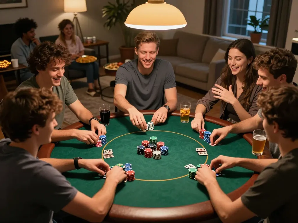 Friends playing poker together at home during a social game night at LuckyWin.