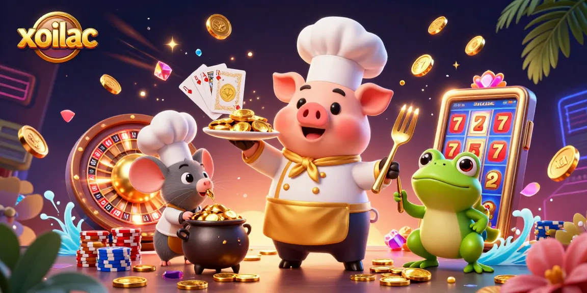 Xoilac features a vibrant gaming scene with a cartoon chef pig and dynamic casino elements.