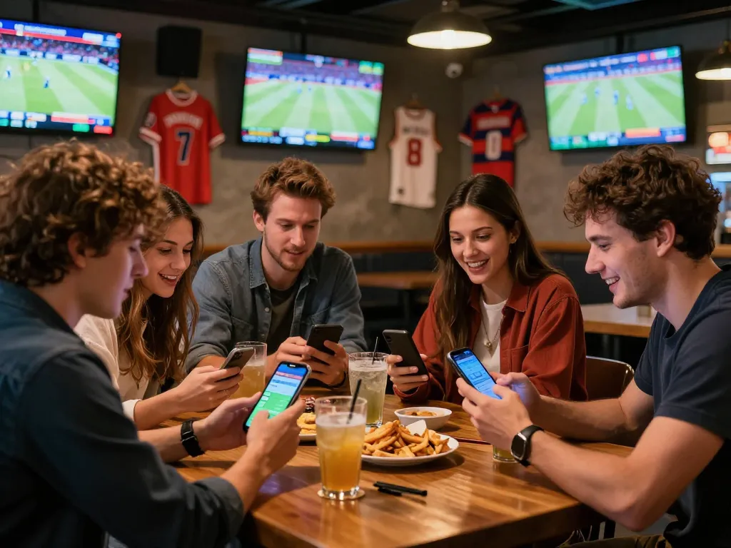 Kuwin sports betting moment with friends engaged in live betting, smartphone apps in use.