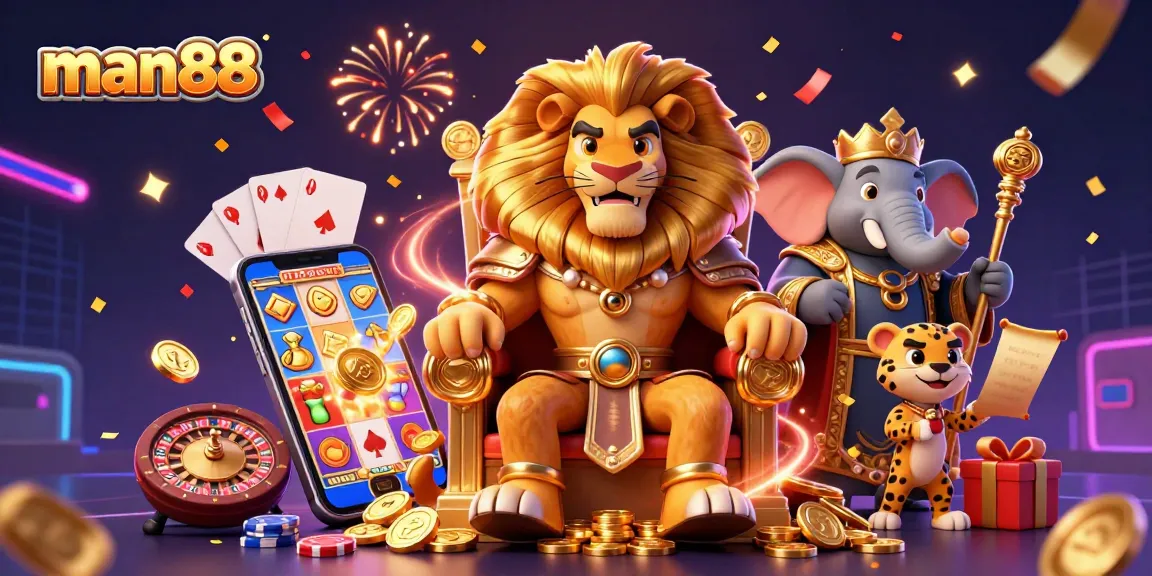 Experience thrilling excitement at man88 with an illustration of a lion king and casino elements.