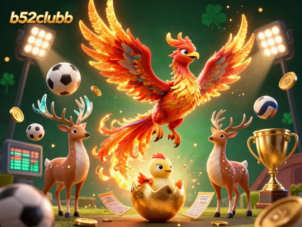 Bet on b52clubb with a dynamic illustration of a phoenix, sports elements, and a mystical backdrop.