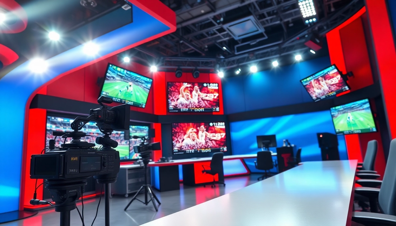Engaging visual of Sports Broadcasting setup with dynamic screens in a professional studio.