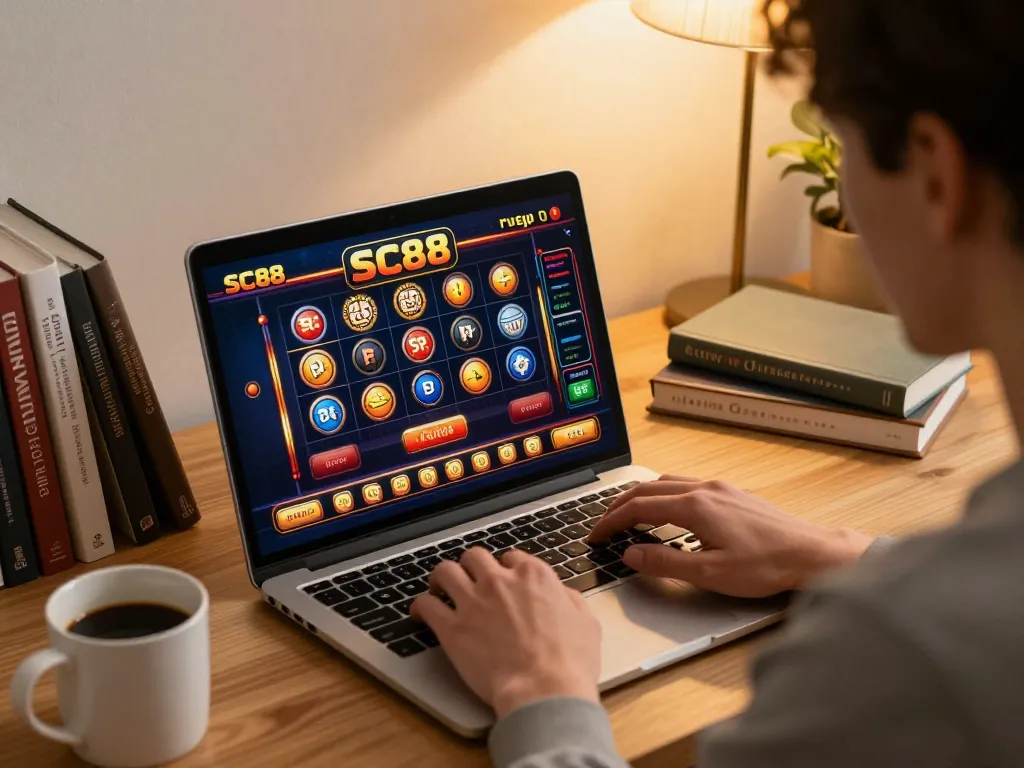 Engaged player enjoying SC88 online casino games on a laptop, surrounded by betting strategy notes.