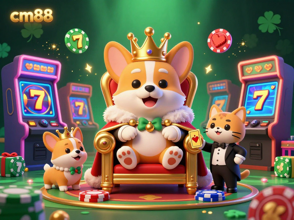 Experience vibrant gaming at cm88 with a royal corgi on poker chips, amidst neon game elements.