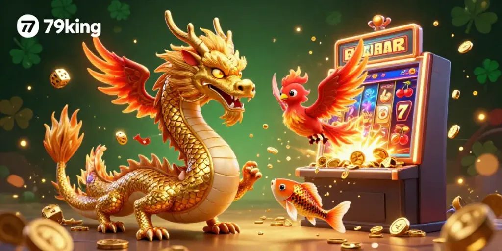 Engage with exciting 79king slots, featuring stunning visuals of a golden dragon and playful phoenix.