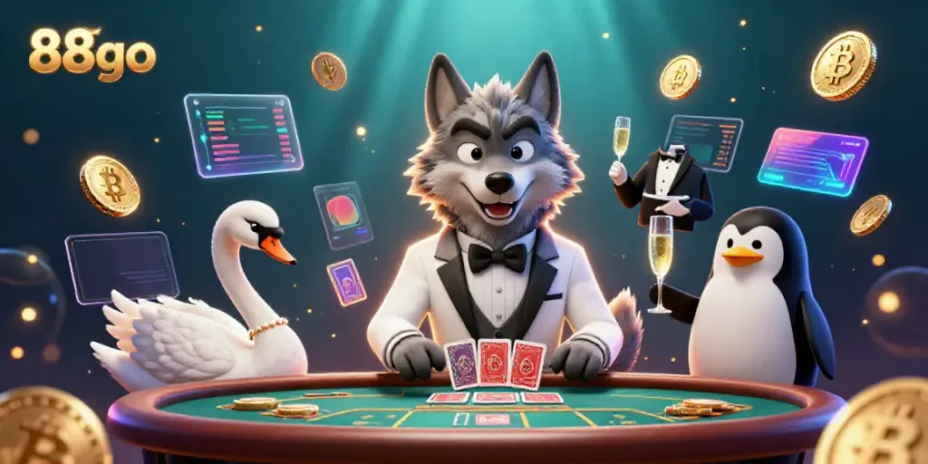 Experience 88go excitement with a debonair wolf and elegant swan in a rich casino scene.