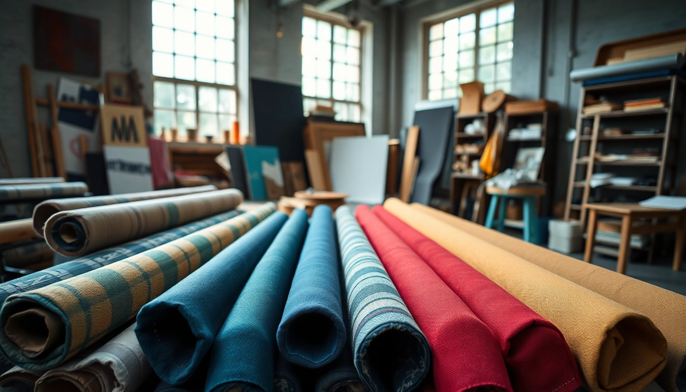 Ontdek katoenen canvasstof in een kleurrijke studio, omgeven door kunstbenodigdheden.