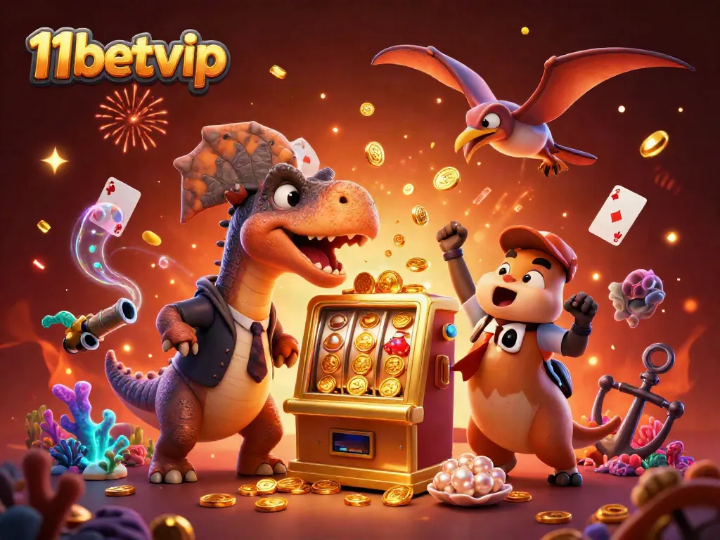 Experience the excitement of 11betvip as a dinosaur hits a golden slot machine amidst a vibrant casino celebration.