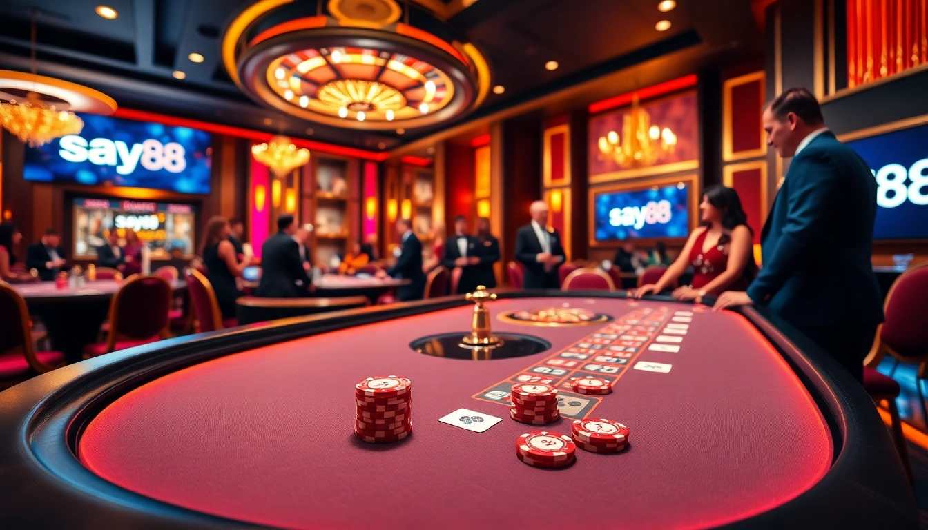 Experience the excitement of say88 at a luxury casino table with vibrant poker chips and cards.