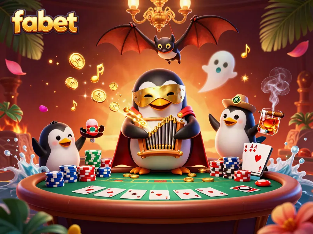 Experience thrilling gameplay at fabet with a vibrant scene of a penguin organist and bat acrobat.