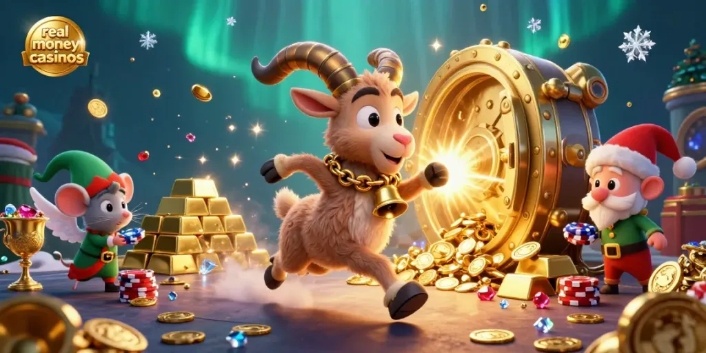 Experience the excitement of real money casinos with festive characters amidst gold treasures and gaming fun.