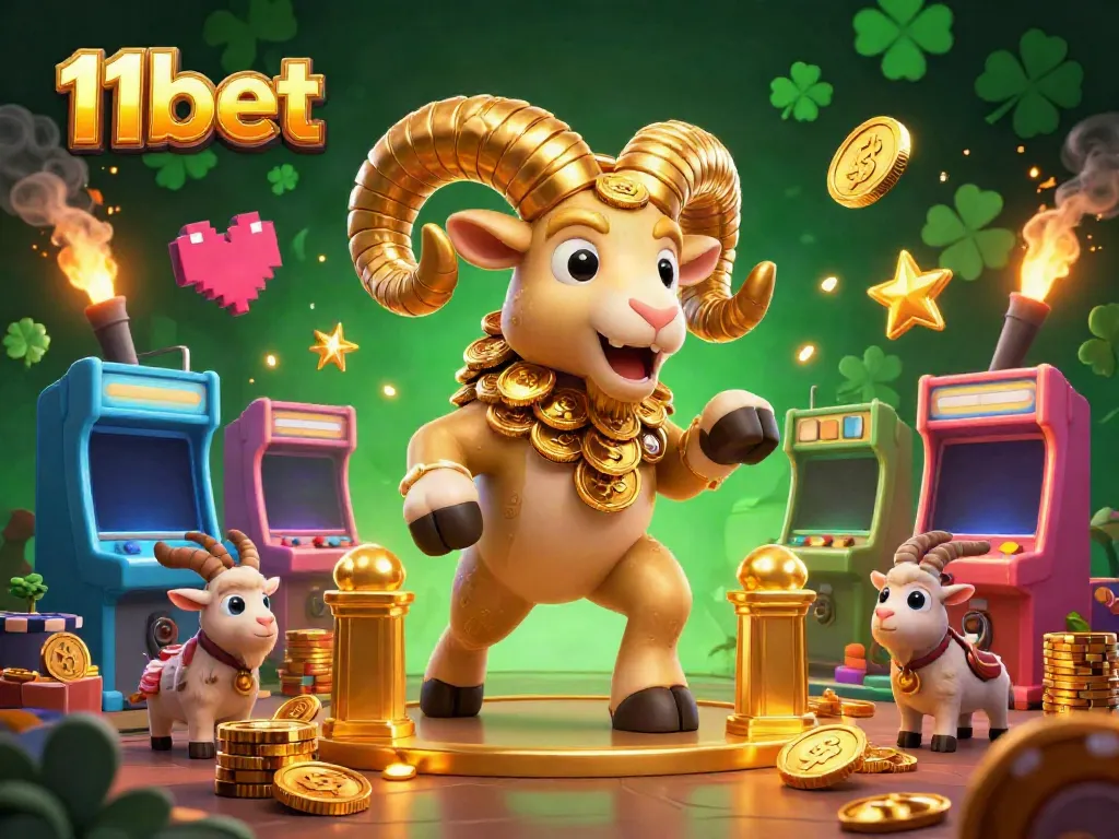 Experience thrilling excitement at 11bet with a cartoon golden ram charging through a vibrant casino scene!