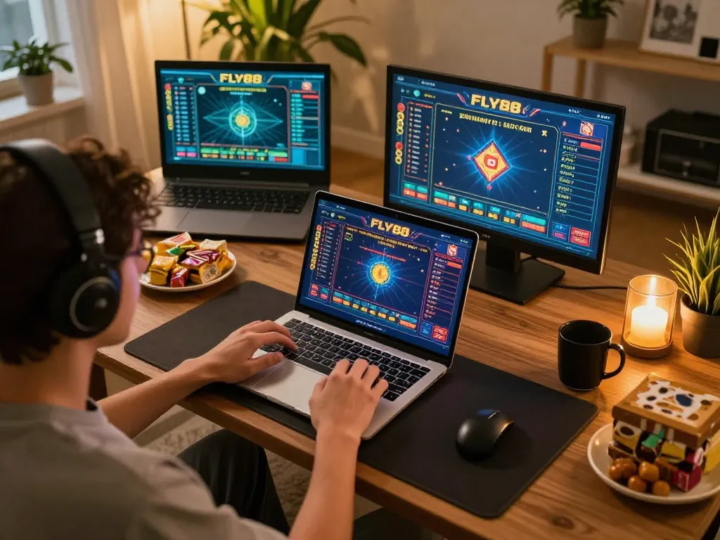 Engaging gameplay experience on FLY88 casino platform at cozy home setup showcasing strategic betting decisions
