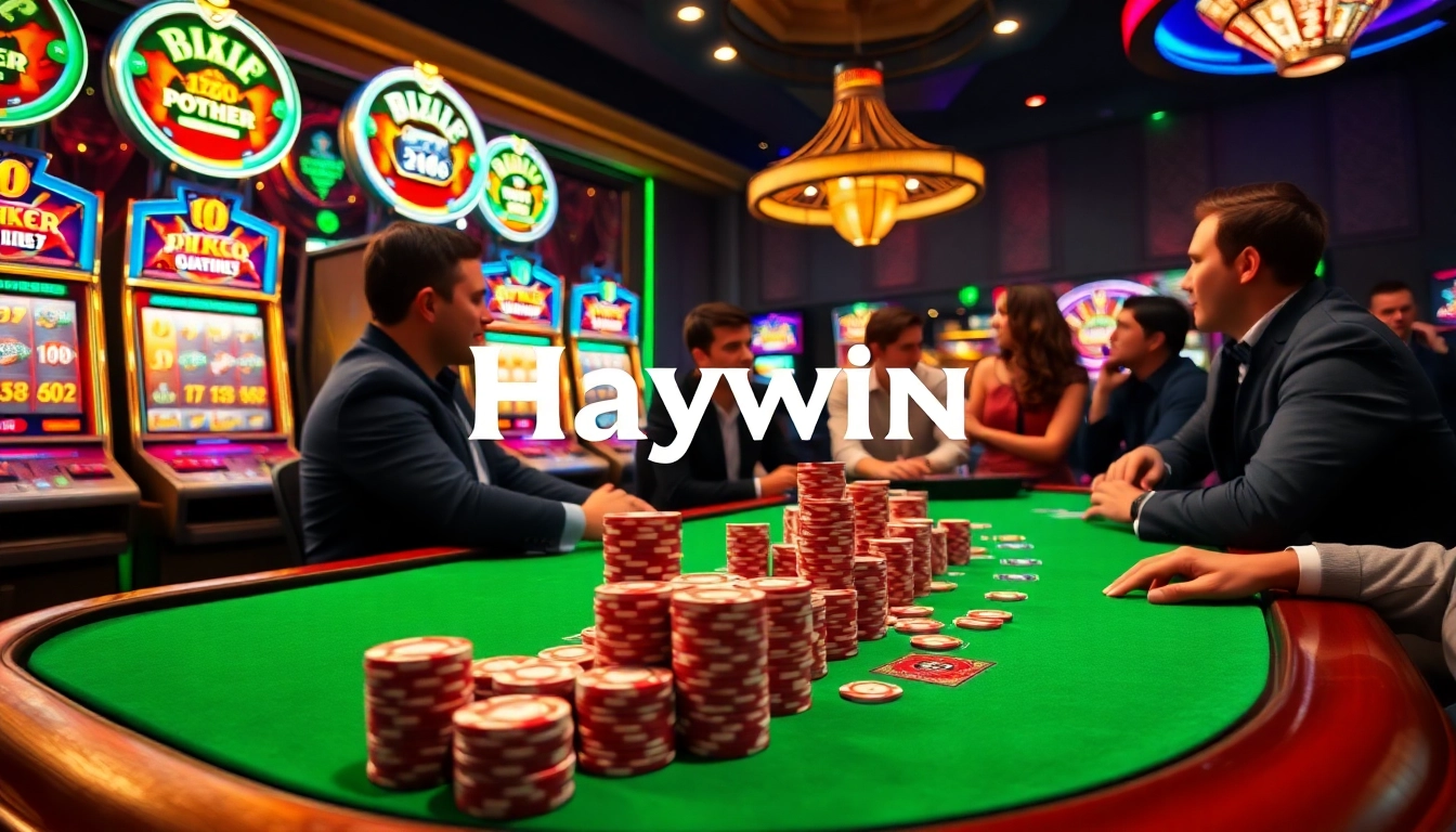 Players enjoying a game of cards at Haywin's thrilling casino table environment, surrounded by vibrant gaming machines.